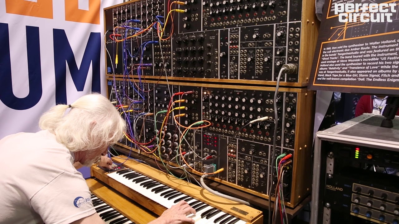 Modular synth with many colored cables connected